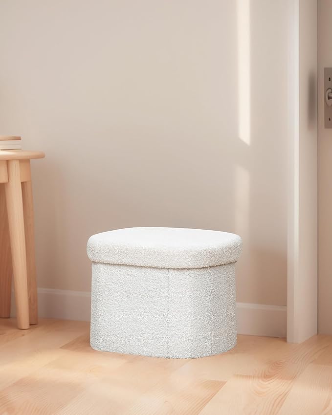 B FSOBEIIALEO Storage Ottoman for Dorm Room, Boucle Folding Storage Ottoman Foot Rest, 16.14 Inches Small Collapsible Ottoman Cube for Living Room White