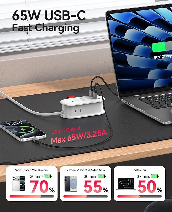 ORICO 65W USB Travel Power Strip, 7 in 1 Charging Station with 3AC, 2 USB-A, 2 USB-C, Flat Plug and 4ft Thin Extension Cord, Fast Charger for MacBook, iPad, iPhone 17/16/15 - TK65