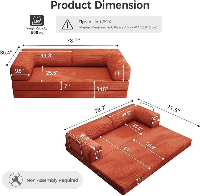 5-in-1 Folding Convertible Sofa Bed, 78 Inch Oversized Corduroy Upholstered Boneless Couch, Loveseat Sleeper with Pull Out Bed, Floor Sofa Modular Futon Couch for Living Room Bedroom Lounge