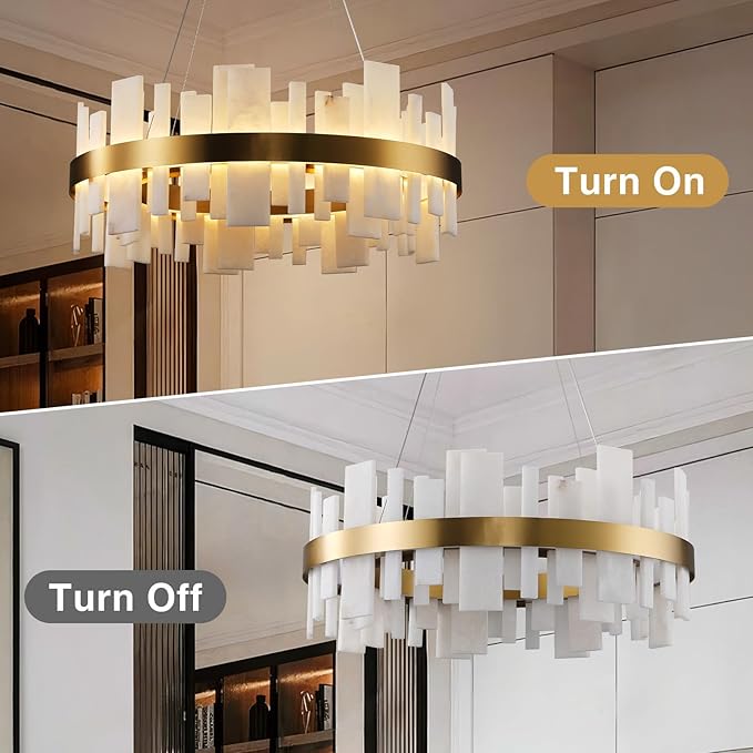 Alabaster Round Chandelier, Natural Spanish Stone Texture Chandeliers, 31.5" Adjustable Alabaster Chandelier Over Table for Living Room, Bedroom, Hallway – Modern Luxury Ceiling Lighting