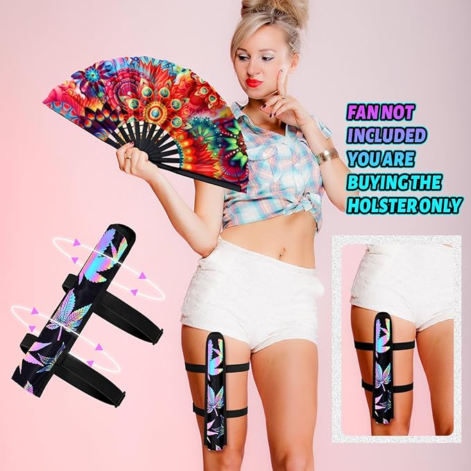 Summer Rave Fan Thigh Holster Rave Fan Holder Folding Hand Pouch Foldable Sleeves with Waist Belt for Thigh Party