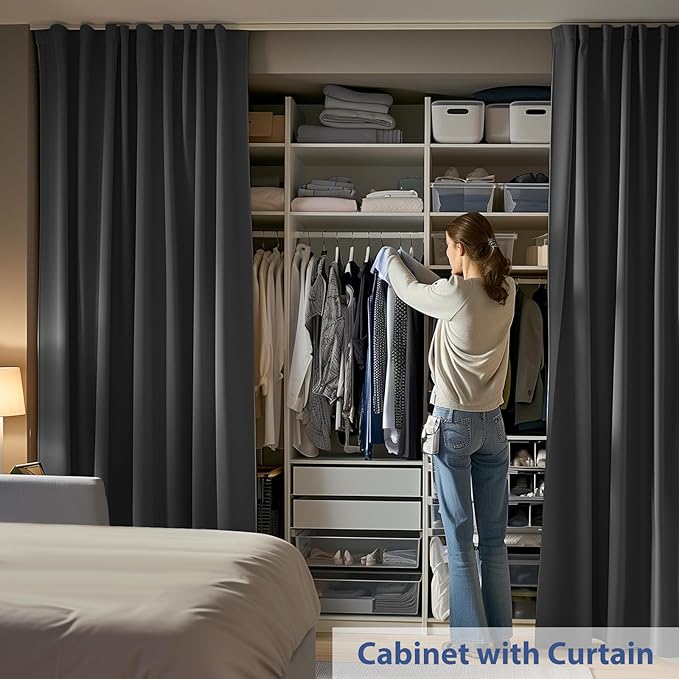 Room Divider Ceiling Mounted Curtains Track Sets Extra Wide Blackout Curtain Flexible Tracks for Bedroom Privacy Partition Separator, 1 Panel Black Drape and White Rail, W8.3 x H9ft