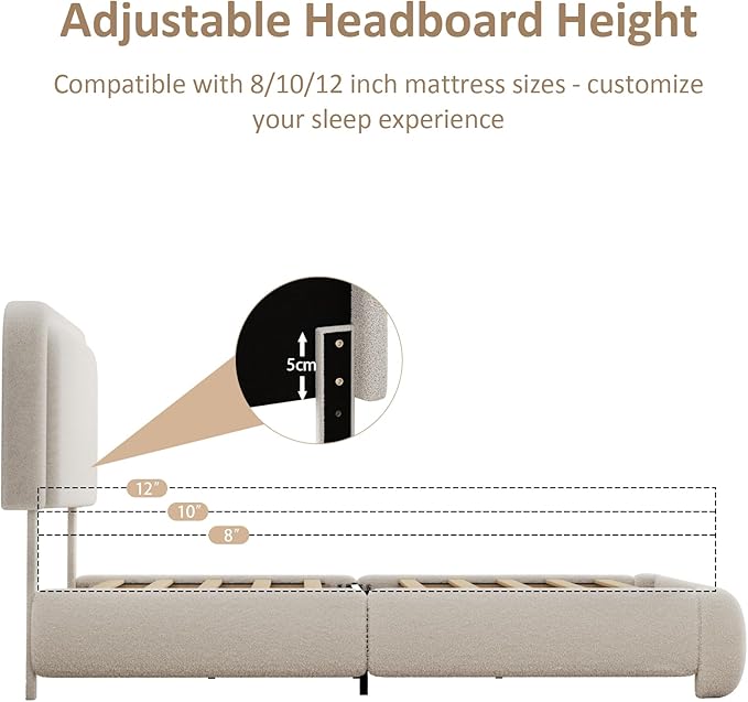 Queen Size Bed Frame with Adjustable Headboard, Boucle Upholstered Platform Bed with Wood Slats, Anti-Collision Soft Rounded Corners, No Box Spring Needed, Noise-Free, Easy Assembly