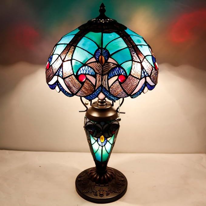 WERFACTORY Tiffany Style Table Lamp Green Stained Glass Liaison Lamp 12X12X22 Inches Mother-Daughter Vase Desk Reading Light Decor Bedroom Living Room Home Office S160G Series
