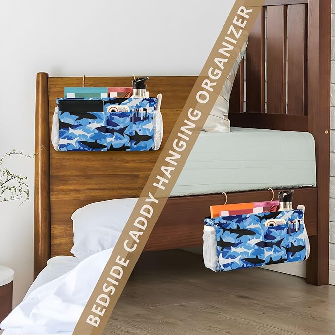 Bedside Caddy Hanging Bunk Bed Caddy Bed Organizer Hanging Pocket with 2 Hooks Bedside Storage Organizer Pocket Bag Holder Marine Bright Sky Blue Shark