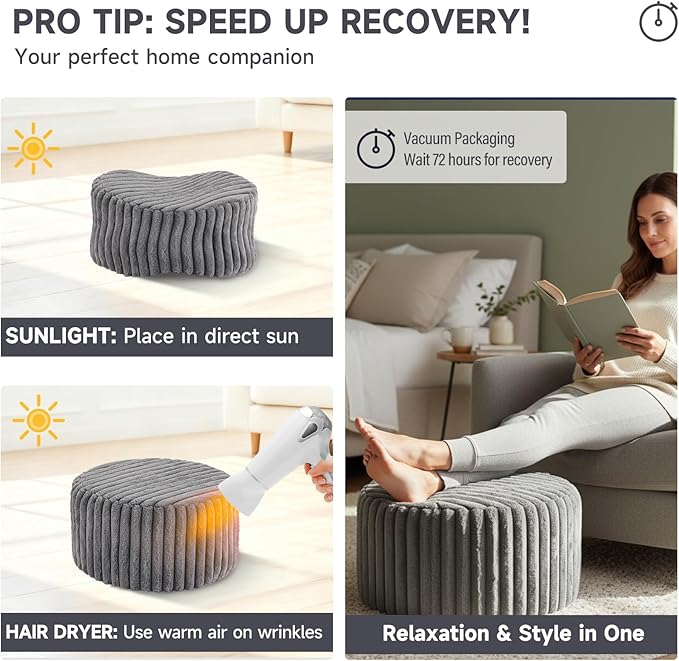 Tiita Round Stuffed Pouf Ottoman, Stripe Faux Fur Poufs with Foam Chunk Filling, Furry and Fluffy Pouf 21×21×12 inch Foot Stool Storage Ottoman,Puff Office Foot Rest for Couch Living Room, Grey