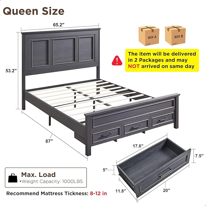 ACCOHOHO Farmhouse Queen Size Bed Frame with 52" Tall Headboard, Wood Platform Bedframe with Footboard and Storage Drawers, No Squeak, No Box Spring Needed, Black