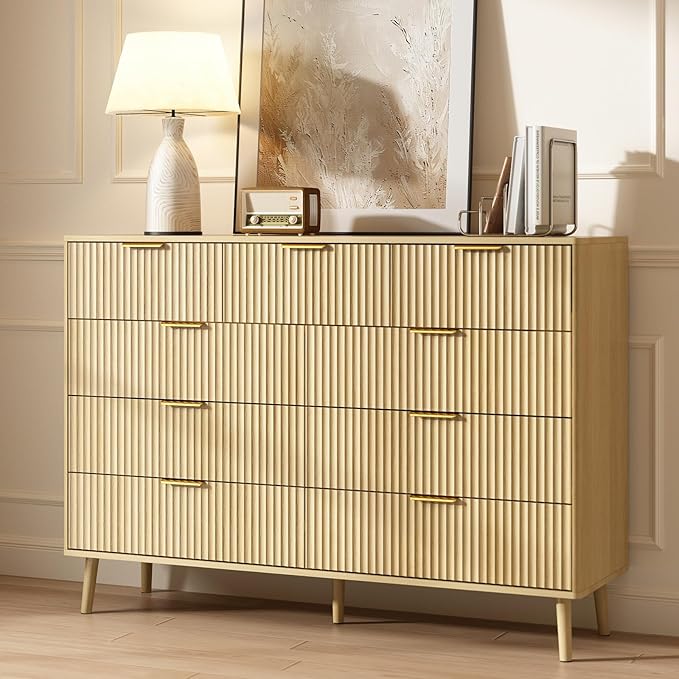 CARPETNAL Fluted 9 Drawer Dresser for Bedroom, 55" Wide Wooden Chest of Drawers with Rounded Corners, Gold Handles, Modern Storage Organizer for Bedroom, Hallway (Oak)