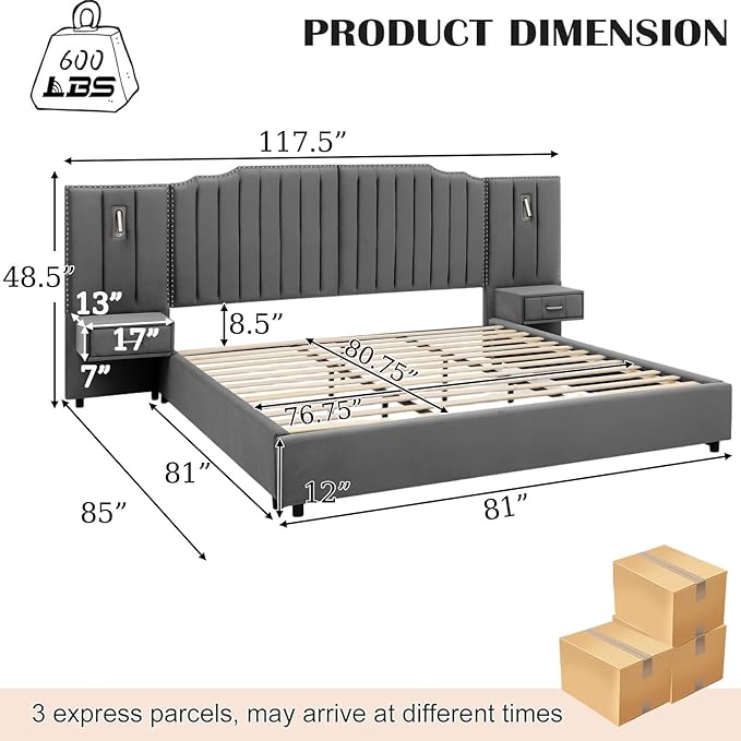King Size Bed Frame with Storage, Luxury King Platform Bed Frame with Headboard, Velvet Fabric Upholstered Bedframe with LED Lights, Solid Frame & Bedside Table, No Box Spring Needed, Gray