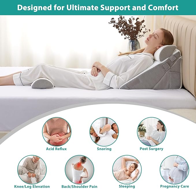 Bedluxe Adjustable 4pcs Bed Wedge Pillow Set, Memory Foam Wedge Pillows Post Surgery for Back, Neck, Leg Pain Relief, Pillow Wedge for Sleeping, Sitting up in Bed, Acid Reflux and GERD, White/Grey