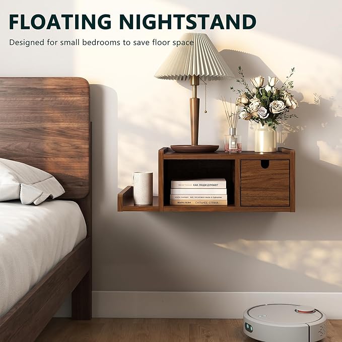 Floating Nightstand Wall Mounted, Walnut Bedside Table with Drawer, Open Cubby & Reversible Side Shelf, Space-Saving Floating End Table for Bedroom/Living Room (Walnut)