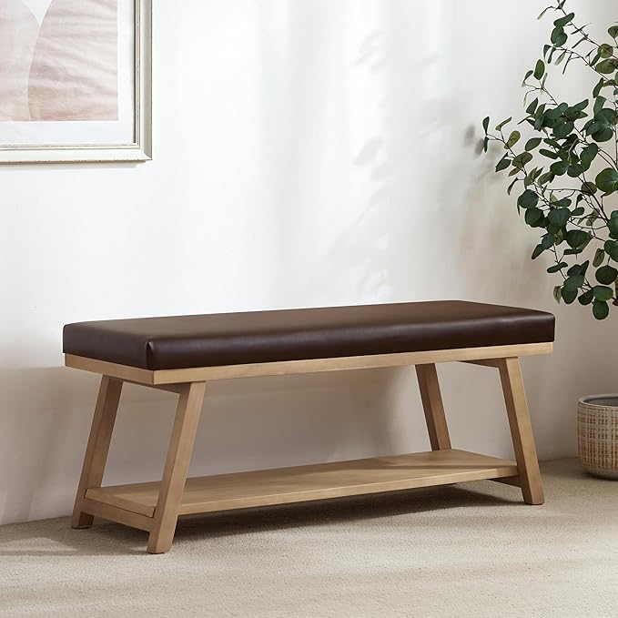 45" Entryway Bench Upholstered Storage Bench for Bedroom Shoe Rack Bench for Living Room, Hallway, Mudroom, Balcony, Sturdy Indoor Bench Seat Holds Up to 300 lbs (PU-Brown)