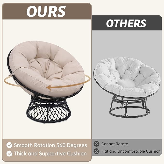46" Giant Oversized Ergonomic Rattan Papasan Chair with Soft Thick Cushion for Adults, Fluid 360° Swivel, Waterproof, Black Frame with Beige Cushion