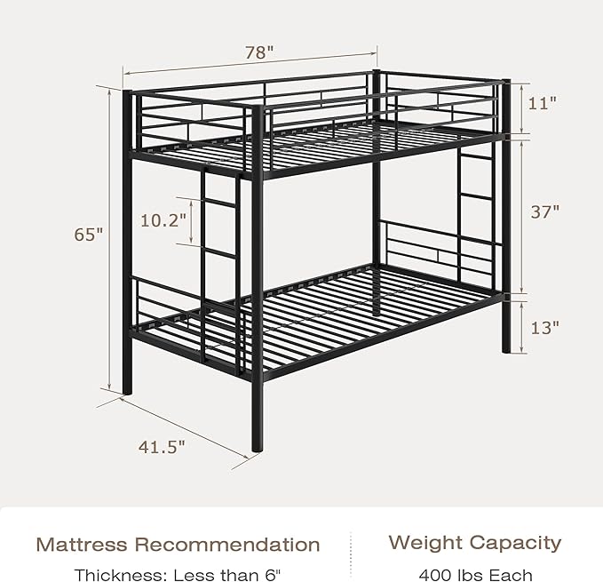 VECELO Bunk Bed Twin Over Twin, Metal Bunkbeds with Ladder and Full-Length Guardrail, No Box Spring Needed, Space Saving, Noise Free, Black