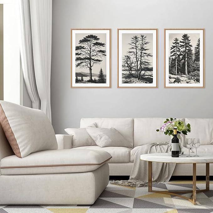 LHIUEM Large Vintage Sketch Tree Framed Wall Art Set,Antique Black and White Wall Decor,Nature Botanical Lake Artwork,Modern Wilderness Forest Art Prints for Living Room,Bedroom- 24"x36"x3