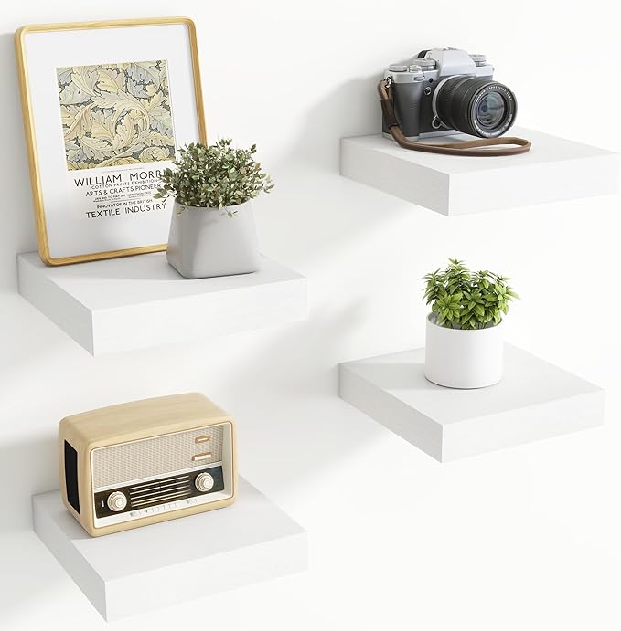 Axeman Square Floating Shelves for Wall, 8" W x 8" D x 1.4" H Rustic Wooden Shelves, 4 Pack Wall Mounted Floating Shelf with Invisible Brackets for Living Room, Bathroom, Kitchen, White Color