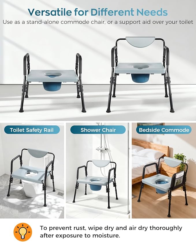 Bariatric Bedside Commode Chair - Heavy Duty 1000 Lbs Capacity - Extra-Wide Seat & Adjustable Height - 3 in 1 Steel Frame Over-The-Toilet Commode for Obese, Elderly & Disabled