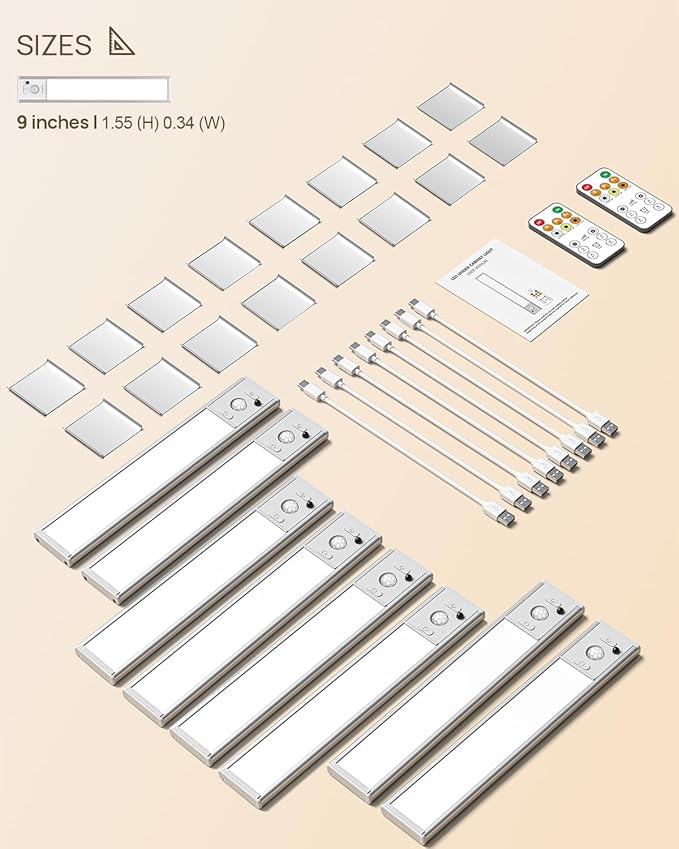 Under Cabinet Lights with Remote Control, USB Rechargeable LED Motion Sensor Light Indoor, Magnetic Wireless Under Counter Lights, 3 Color Dimmable Closet Lights for Kitchen,Cabinet,Bedroom, 8 Pack