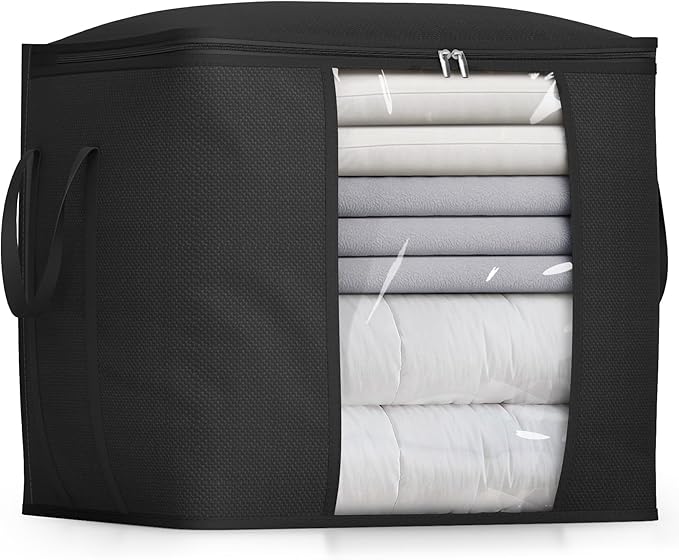 SLEEPING LAMB 170L Huge Blanket Storage Bag, Sturdy Oxford Fabric Comforter Storage Bag with Handles & Window, Foldable Bedding Container Organizer for King-size Duvets, Sheets, Pillows, Clothes,Black