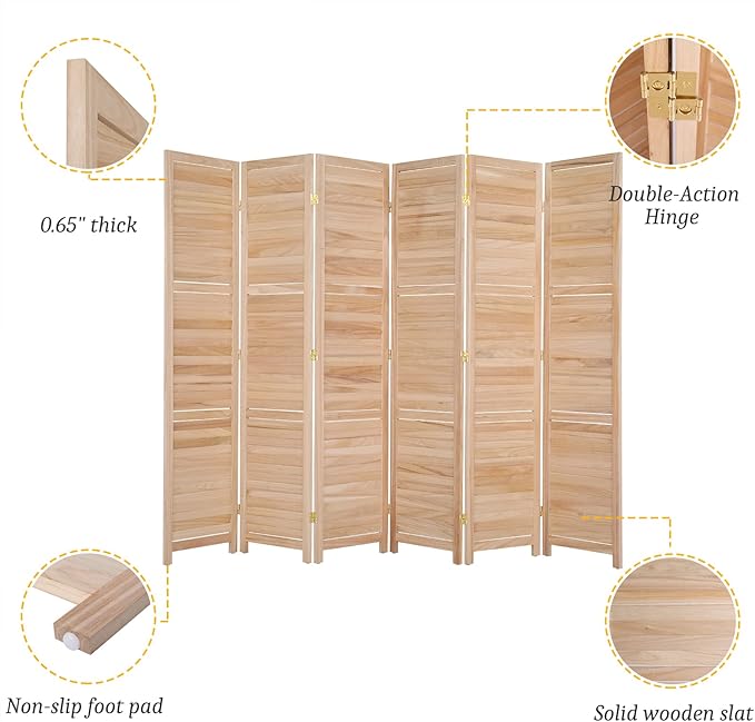 Bonnlo Wood Room Divider Privacy Screen, 5.9 Ft Tall Folding Partition Wall Divider, Indoor Freestanding Hinged Space Separator (Natural, 6 Panel)