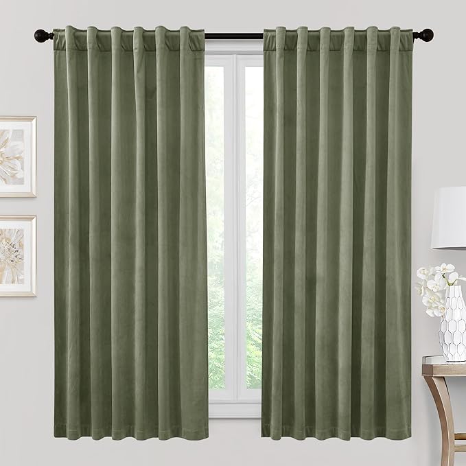 RYB HOME Heavy Duty Velvet Curtains & Drapes, Room Darkening Noise Reducing Window Treatment for Living Room Bedroom Privacy Draft Block Shades for Stuido, Sage Green, W52 x L72 inch, 2 Panels
