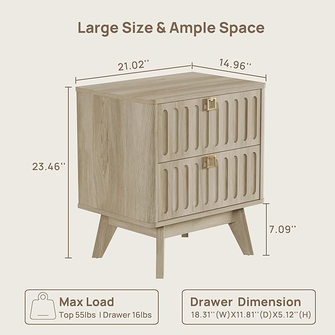 SICOTAS Nightstand Set of 2, Modern Bedside Tables with 2 Drawers, Stable Bedroom Nightstands with Textured Drawer Front and Gold Hardware for Bedroom, Apartment