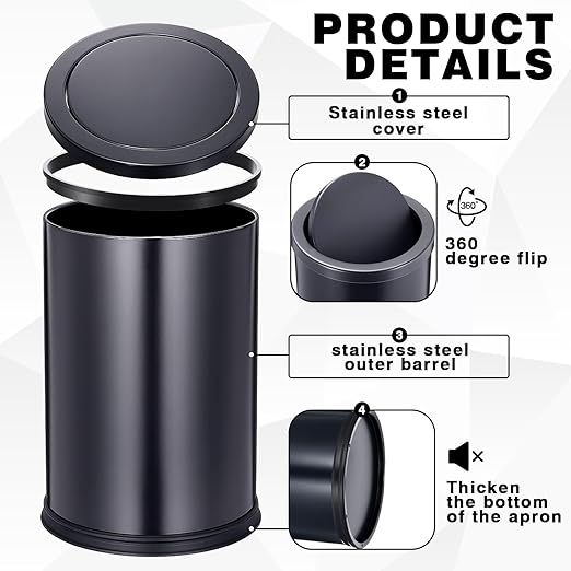 Maxdot 2 Pcs Black Bathroom Trash Can with Flipping Lid 2.4 Gallon/9 L and Toilet Brush Set, Small Stainless Steel Garbage Trash Can Toilet Cleaner Brush Wastebasket Bin for Bathroom Bedroom Office