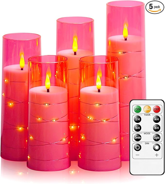 Flameless LED Candles with Timer 5 Pc Flickering Flameless Candles for Romantic Ambiance and Home Decoration Stable Acrylic Shell,with Embedded Star String，Battery Operated Candles(Pink)