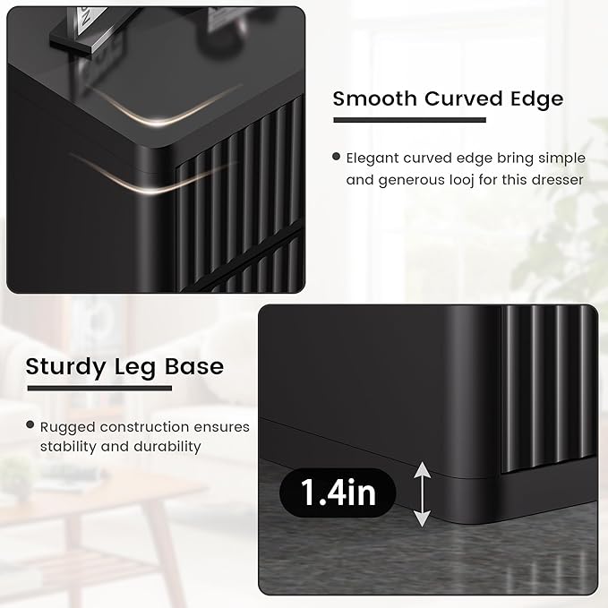 Black Dresser for Bedroom, 8 Drawers Double Fluted Dressers, Modern Chest of Drawers with Curved Profile, Handleless, Storage Closet Dressers for Bedroom, Living Room, Entryways