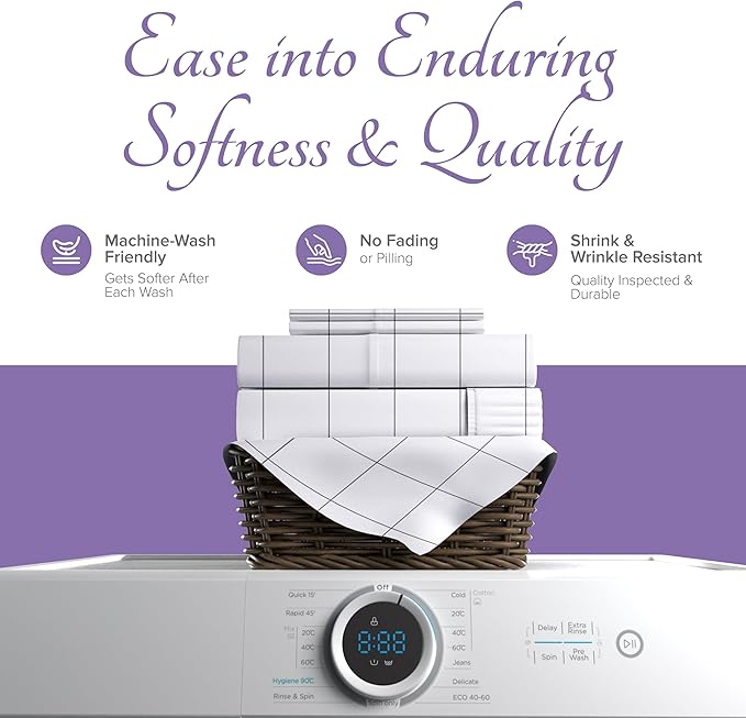 Carressa Linen Luxury Egyptian Cotton Queen Printed Sheet Set - 600 Thread Count Extra Long Staple 4 PC Set, Window Pane Queen Printed Sheets, Soft, Cooling Sateen Weave Sheets Upto 18 in Deep Pocket