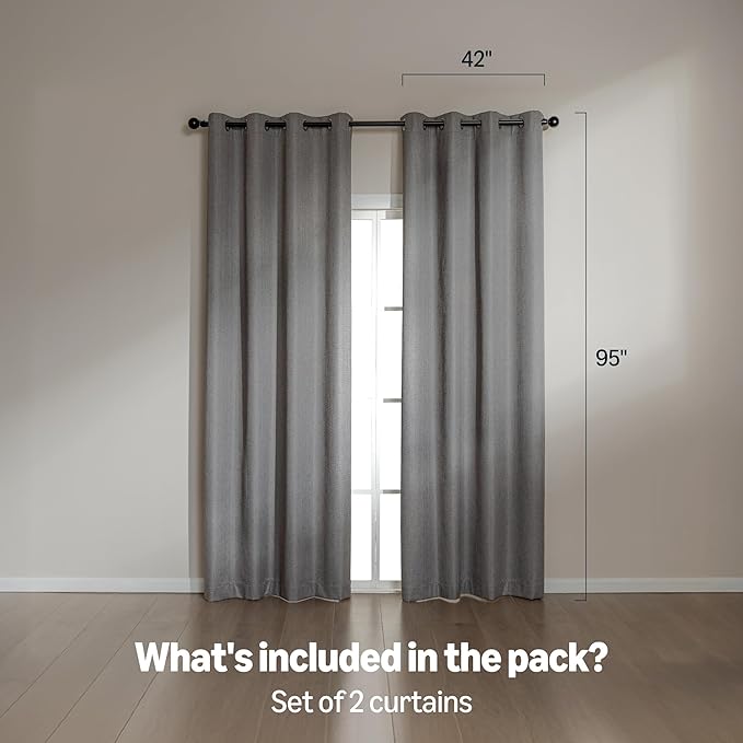 Amazon Basics Faux Linen Blackout Curtains for Bedroom and Living Room, 2-Piece Set with Grommets, 42" W x 95" L, Grey