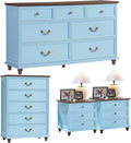 24" Wide Farmhouse Nightstand Set of 2, 54" 7 Drawers Dresser, 45" Tall Rustic Chests of 5 Drawers w/ 4 Solid Wood Feet, Farmhouse Furniture Series for Living Room,Bedroom,LightBlue