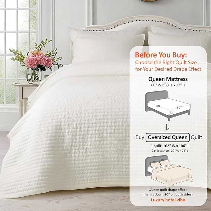 KASENTEX Oversized Queen Quilt Set 102"x106" – Soft Washed 3-Layer Lightweight Bedspread, Minimalist Nordic Design, All-Season Spring & Summer Quilt Set (1 Quilt + 2 Pillow Shams),Cream White