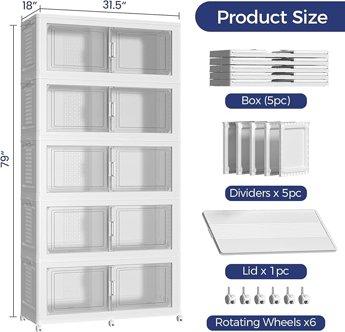 250GAL Extra Large Storage Bins with Lid, 1000Qt Stackable Closet Organizers and Drawers, Collapsible Storage Bins with Wheels, Folding Containers for Home, Kitchen Office, 5Pack White