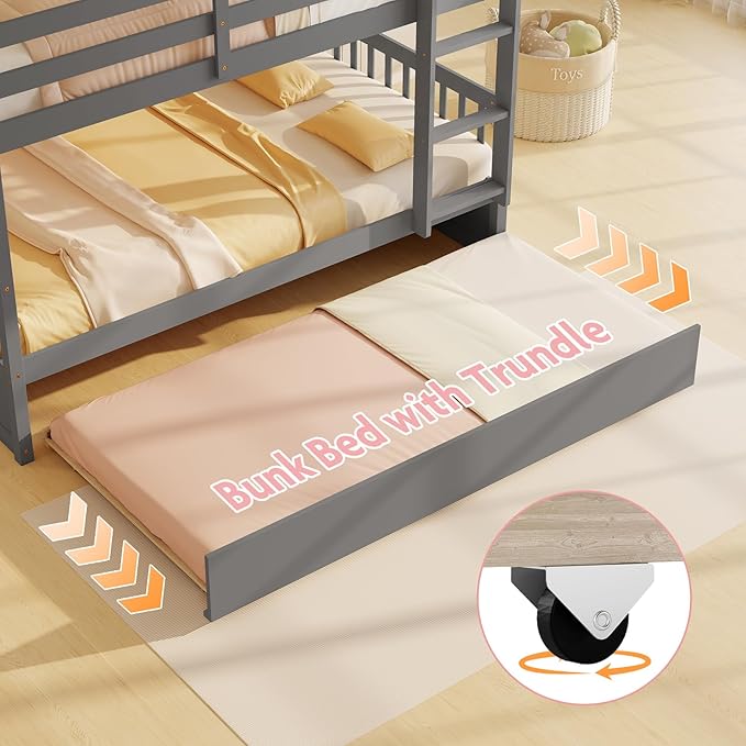 KOMFOTT Wood Full Over Full Bunk Bed with Trundle, Wooden Bed Frame with Ladder, Solid Wood Frame & Safety Guardrails, Space-Saving Bunk Bed for Teens & Adults, No Box Spring Needed