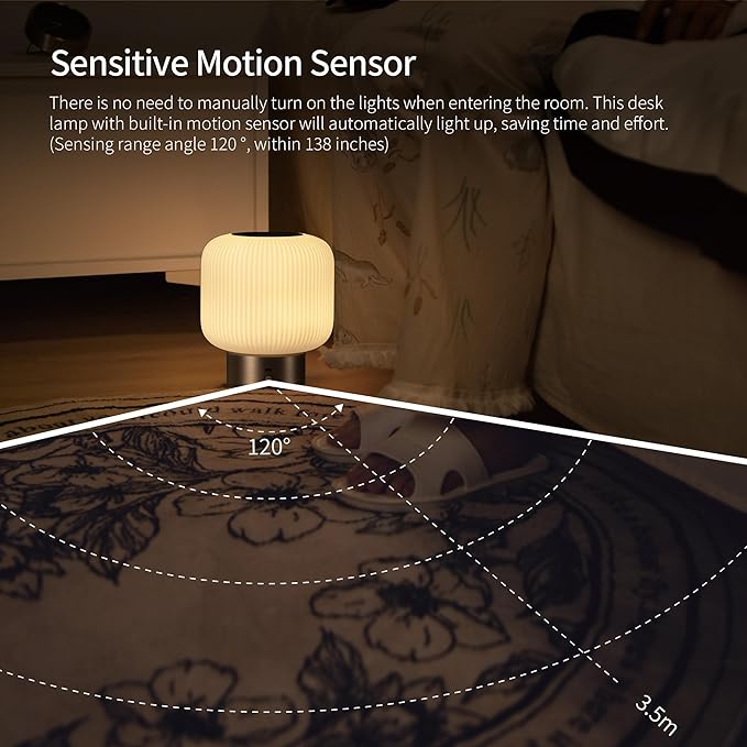 Aisilan Portable Opal Glass Lantern Table Lamp with Touch Control, 3W 3CCT Rechargeable Dimmable Motion Sensor Table Lamp for Headboard, Bookshelf, Corner
