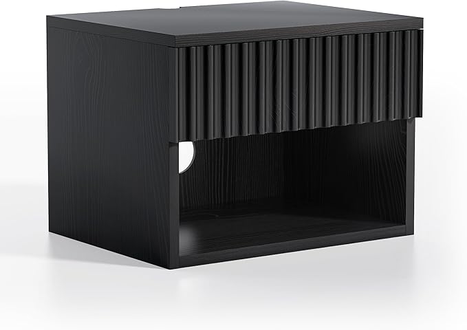 Floating Nightstands Set of 2 with Drawer and Open Shelf, Small Wall Mounted Bedside End Table, Modern Fluted Night Stand for Bedroom, Living Room, Black