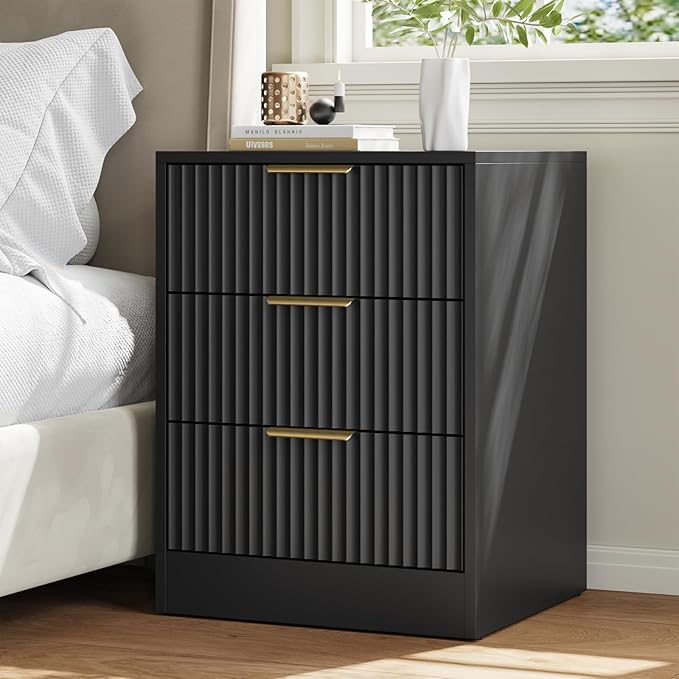 9 Drawer Black Dresser & Nightstand Set 3-Piece - 63” Long Fluted Dresser Set Night Stand Set of 2 with Metal Handle, Modern Wood Chest of Drawers Storage Dressers Set for Bedroom, Black