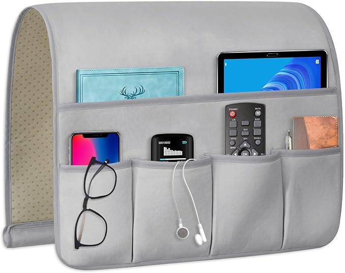 WETRBWEH Remote Control Holder for Armchair，Couch Caddy Organizer TV Remote Holder for Bed Storage 5 Pockets，Remote Caddy Bedside Organizer Bedside Table Organizer (LightGray, 35''x18'')