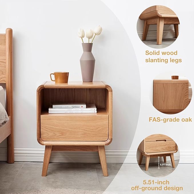 100% Solid Oak Wood Nightstand, Natural Wood Nightstand with Drawer Open Shelf, Mid Century Modern Night Stand, Small Side End Tables, Oak Bedside Table for Bedroom(16.54" Wx13.78 Dx20.47 H)