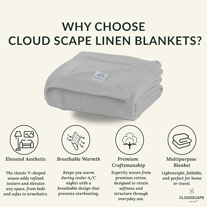 Cloud Scape Linen 100% Cotton Blanket 92x92 Charcoal Grey - Cozy Herringbone Weave, Fits Up to for Full Size Beds, Breathable Softness, All-Season Warmth, Winter Blanket, for Women
