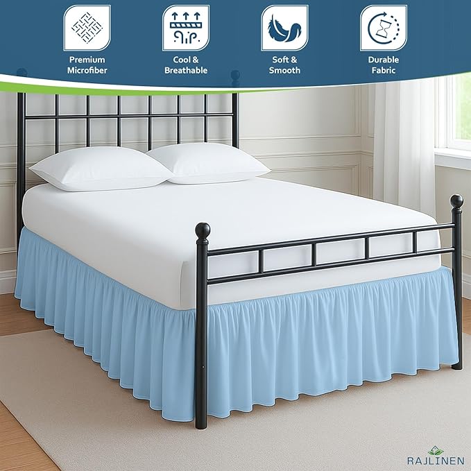 Rajlinen Ruffled Bed Skirt Twin XL, 18 Inch Drop Dust Ruffle with Split Corners, 100% Microfiber Bedskirt with Platform, Three-Sided Coverage Ruffled Gathering Design, Light Blue