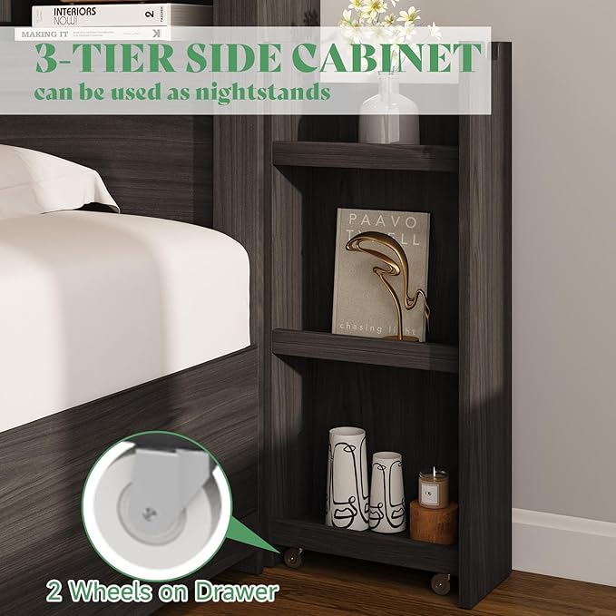 AMERLIFE Queen Bed Frame with 4 Storage Drawers, LED Bed Frame with 49.6" Tall Bookcase Headboard, Wood Platform Bed with Charging Station & 2 Slide Bedside Shelf, No Box Spring Needed/Black