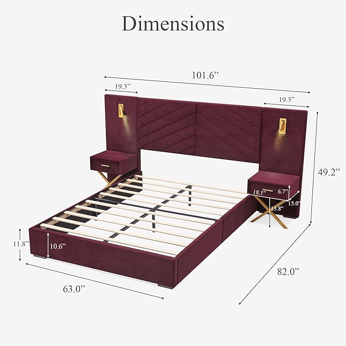 DEINPPA Luxury Queen Bed Frame with Built-in Gold LED Lights and Nightstands, Queen Size Platform Bed with Oversize Upholstered Headboard, No Box Spring Needed-Burgundy