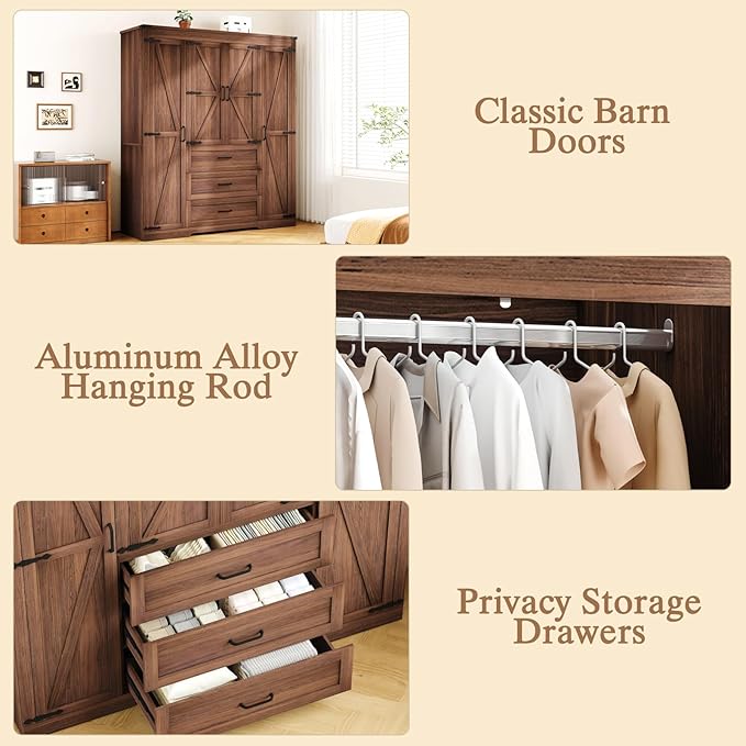 4 Door Armoire Wardrobe Closet Cabinet with 3 Drawers and Drawers, Farmhouse Bedroom Armoire with Hanging Rod and Adjustable Shelves, Large Capacity Storage Wardrobe Armoire for Bedroom, Brown