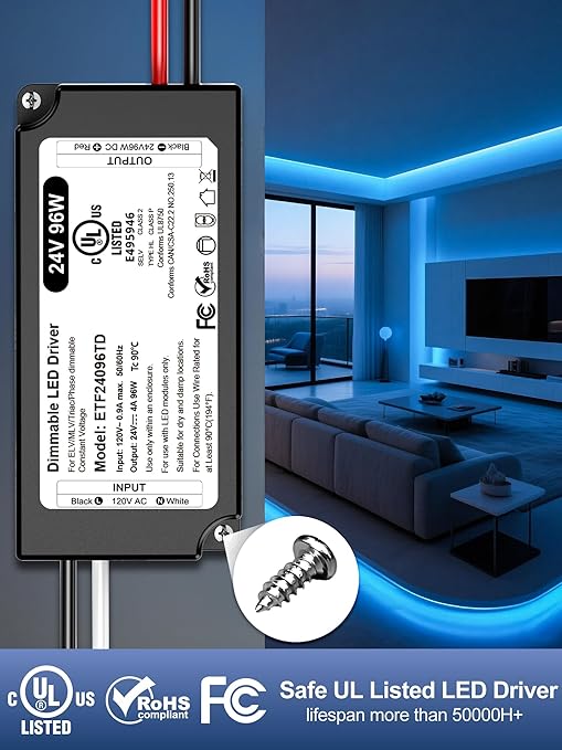96W 24V Dimmable LED Driver UL Listed, DC 24V Triac ELV/MLV LED Dimmable Power Supply Compatible with Lutron & Leviton Switches 96 Watt LEDs Transformer 24 Volt Smooth Flicker Free Dimming