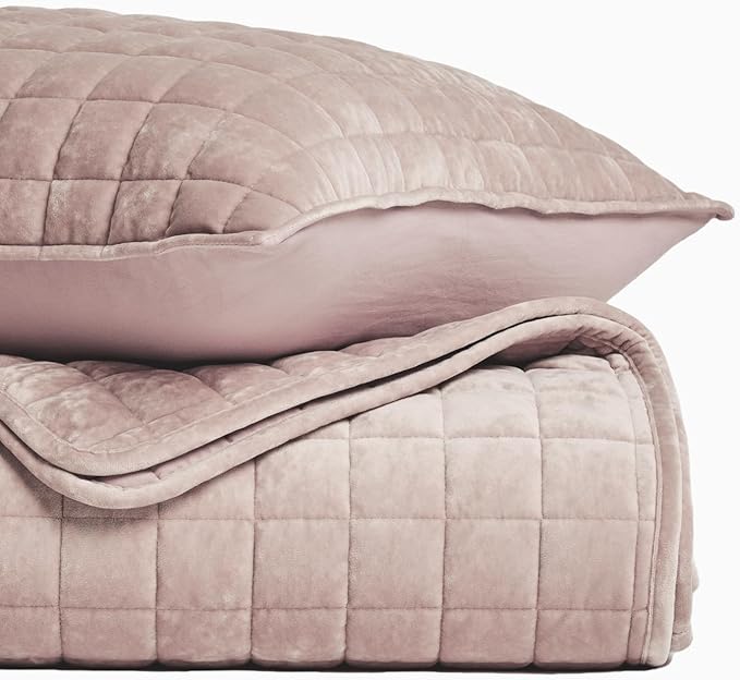 RECYCO Luxury Velvet Quilt Set Full Queen Size Bedding Sets, Ultra Soft Velvet Comforter Set, Lightweight Channel Box Stitch Oversized Bedspread Coverlet for All Season, with 2 Shams, Rose Pink