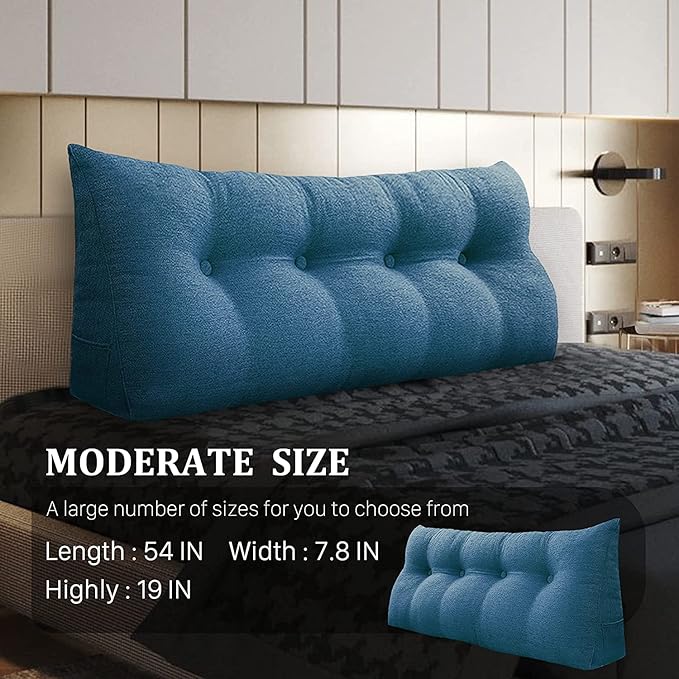 homecozy Wedge Headboard Pillow Dorm Room Reading Pillow Back Support for Sitting Up in Bed Bolster Lumbar Cushion Body Positioning Bedrest Cotton Linen 59in Blue Queen