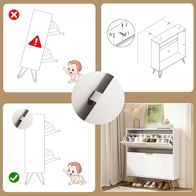 Shoe Storage Cabinet with 2 Flip Drawers, Fluted White Shoe Cabinet Storage for Entryway Slim, Narrow Shoe Organizer Cabinet, Modern Freestanding Shoe Rack for Entryway, White
