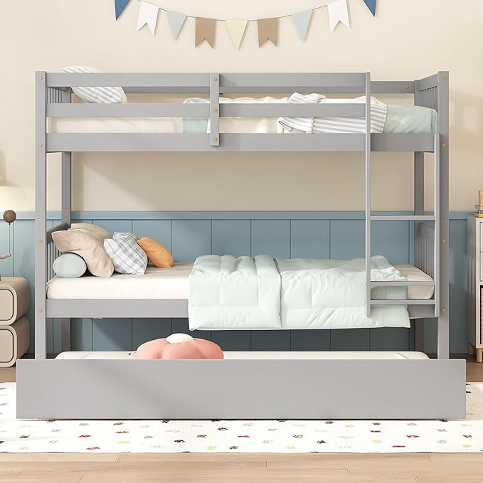 Bellemave Twin Over Twin Bunk Bed with Trundle,Convertible Bunk Beds with Ladder & Safety Guardrails,Twin Size Bunk Beds for Kids Girls Boys,Grey